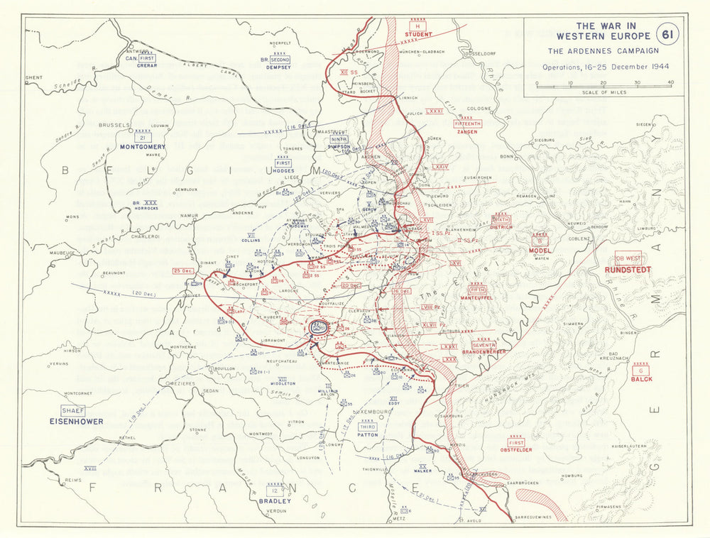 World War 2. Western Front 16-25 Dec 1944 Ardennes. Battle of the Bulge 1959 map