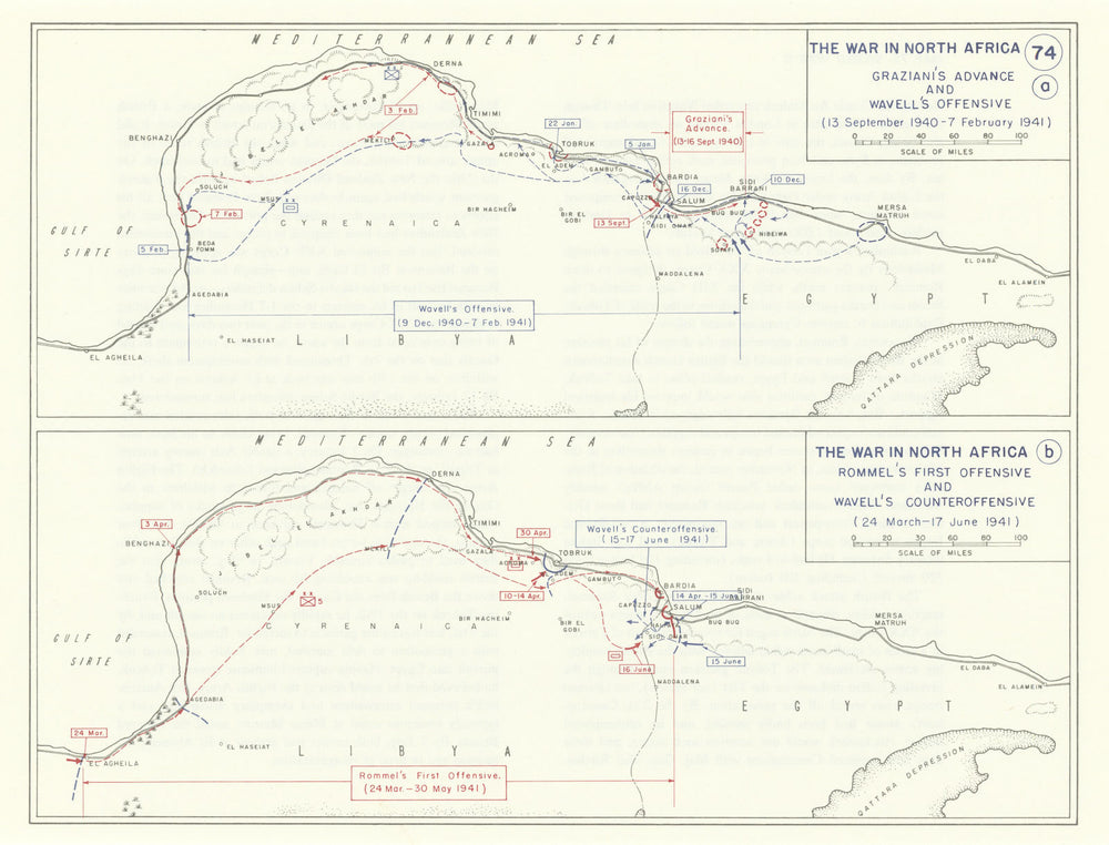 World War 2. North Africa. Sept 1940-June 1941 Graziani Wavell Rommel 1959 map