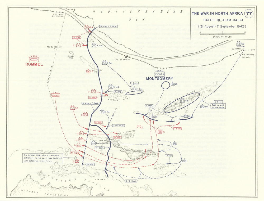 World War 2. North Africa. 31 August-7 Sept 1942. Battle of Alam Halfa 1959 map