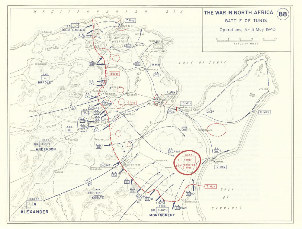 World War 2. North Africa. 3-13 May 1943. Battle of Tunis 1959 old vintage map