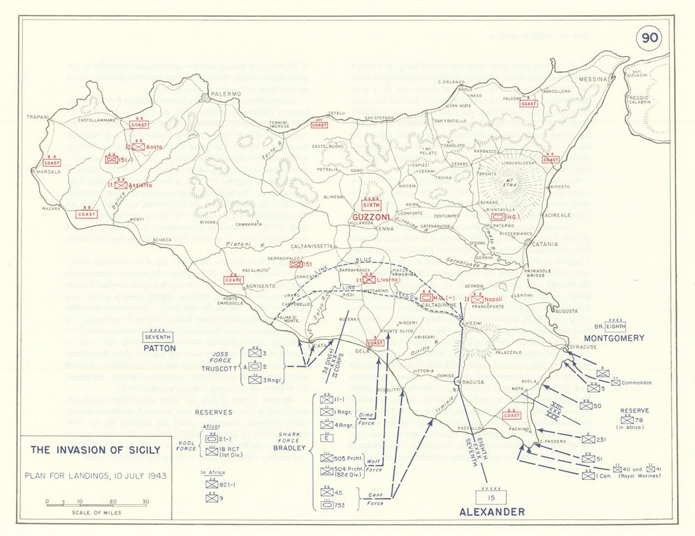 World War 2. Invasion of Sicily 10 July 1943. Plan for landings 1959 old map