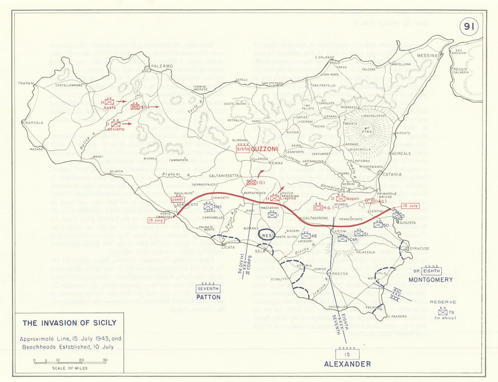 World War 2. Invasion of Sicily 10-15 July 1943 Beachheads & front line 1959 map
