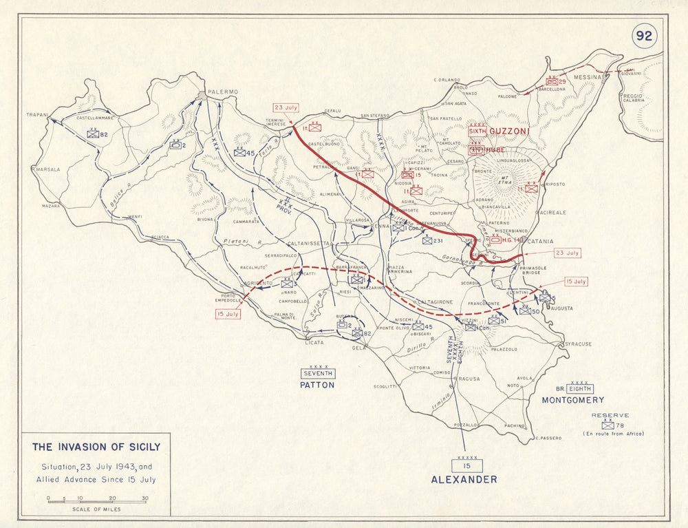 World War 2. Invasion of Sicily. 15-23 July 1943 Allied Advance 1959 old map