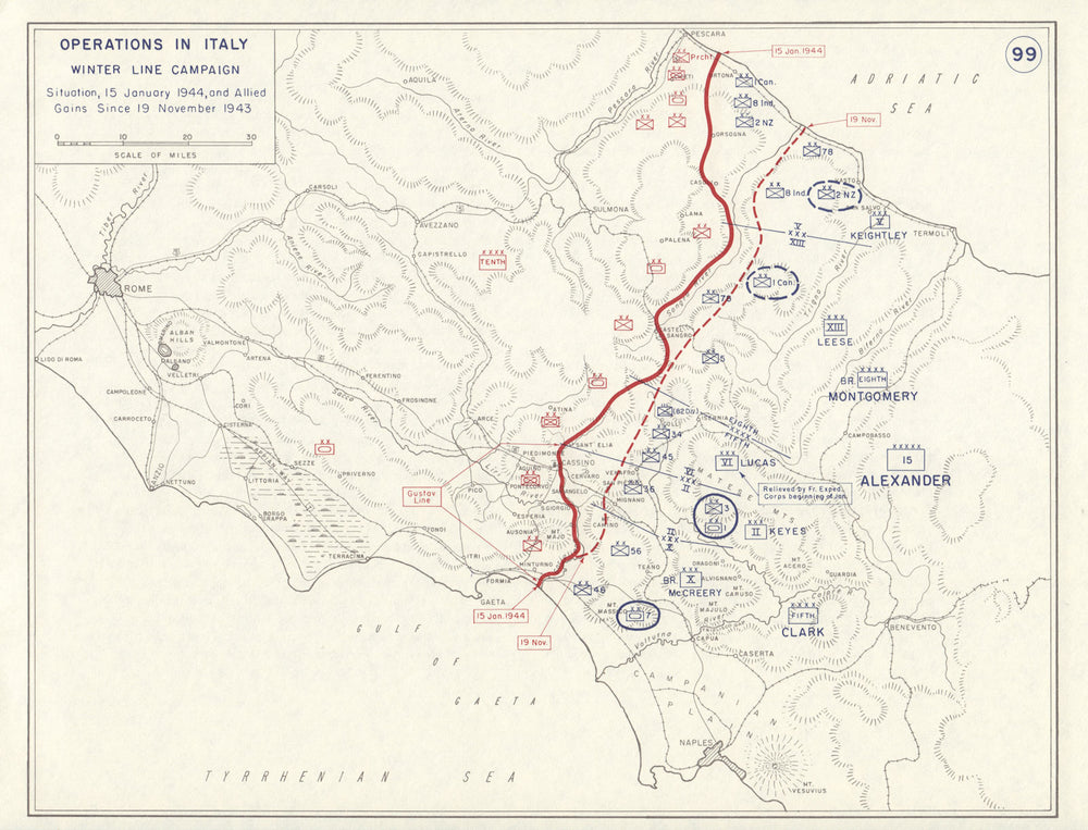 World War 2. Italy. Winter Line Campaign Nov 1943-Jan 1944 Allied Gains 1959 map