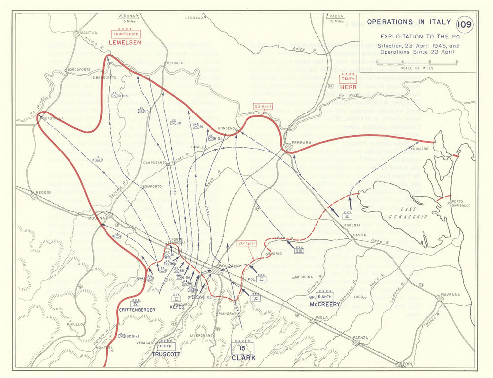 World War 2. Italian Campaign 20-23 April 1945. Exploitation to the Po 1959 map
