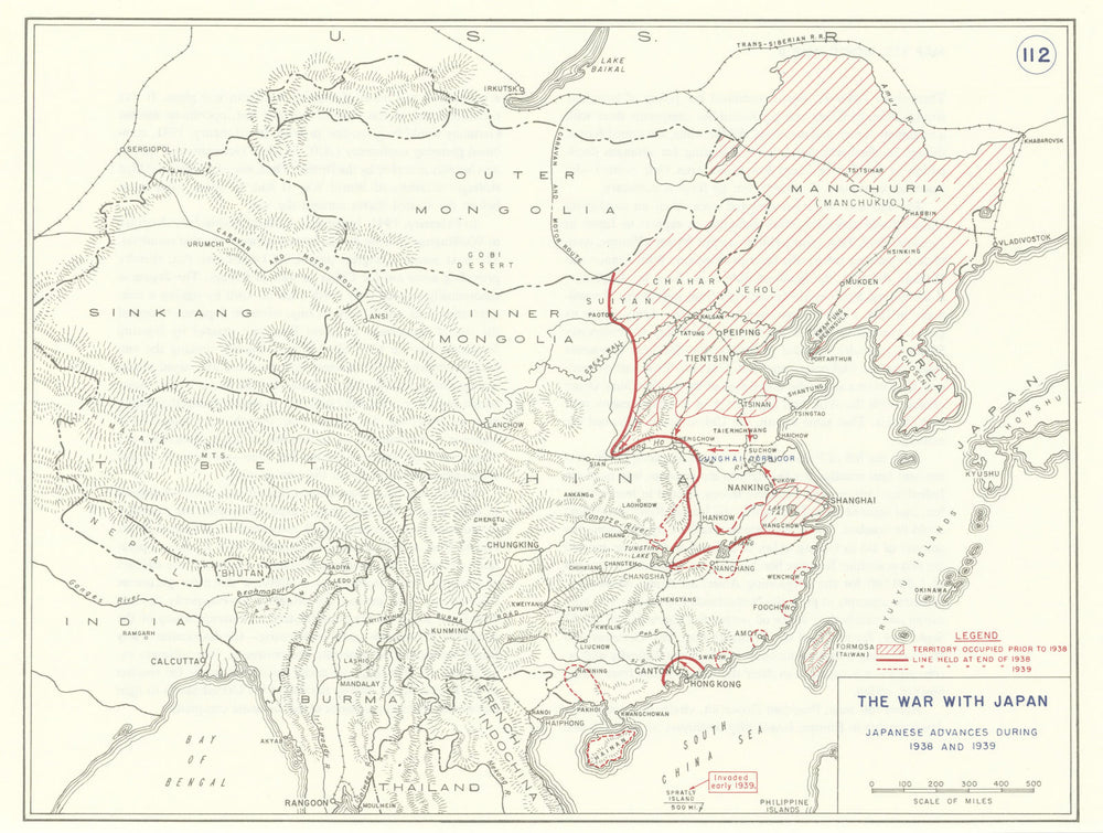 Second Sino-Japanese War. 1938-1939 Japanese advance in China 1959 old map