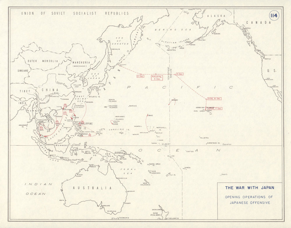 World War 2. Opening Japanese Offensive 1941. Pearl Harbor Malaya 1959 old map