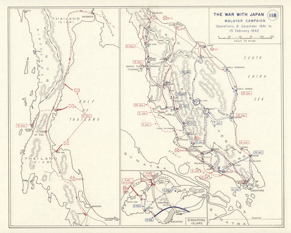 World War 2. Invasion of Malaya Dec 1941-15 February 1942. Singapore 1959 map