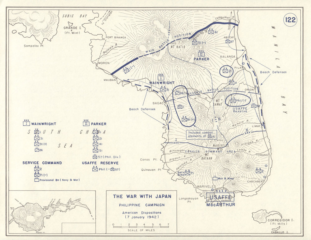 World War 2. Philippine Campaign. 7 Jan 1942 American Positions Bataan 1959 map