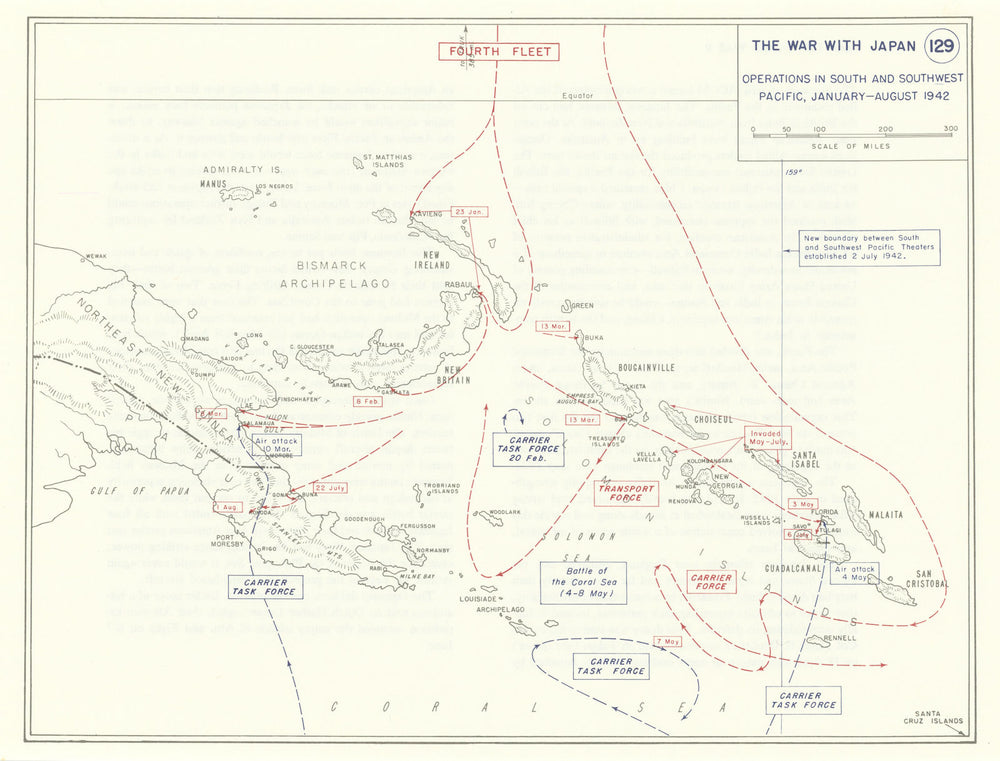 World War 2. Jan-Aug 1942. SW Pacific Ops. New Guinea Solomon Islands 1959 map