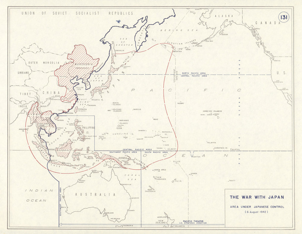 World War 2. East Asia Pacific. 6 August 1942 Japanese controlled area 1959 map