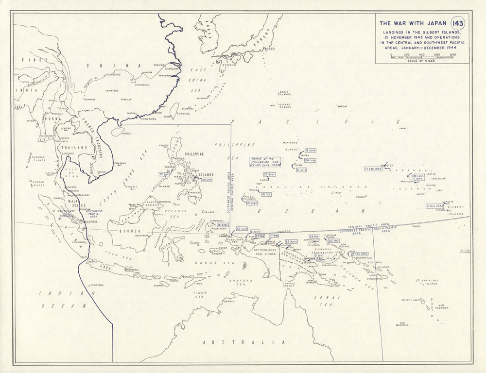 World War 2. Nov 1943-Dec 1944. Gilbert Islands. Pacific landings & Ops 1959 map