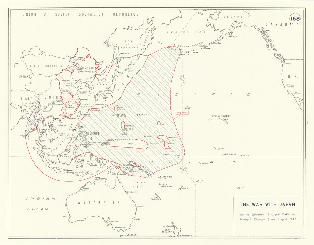 World War 2. Pacific/Japan. 15 August 1945 & changes since August 1942. 1959 map