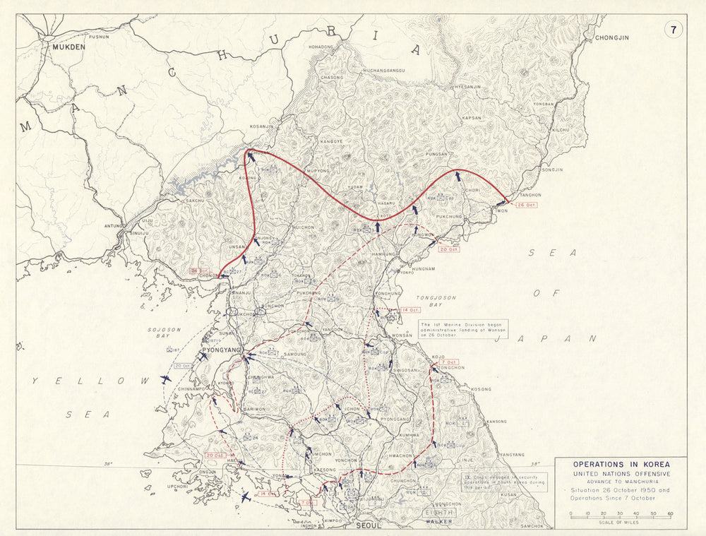 Korean War. UN Offensive 7-26 October 1950. Advance to Manchuria 1959 old map