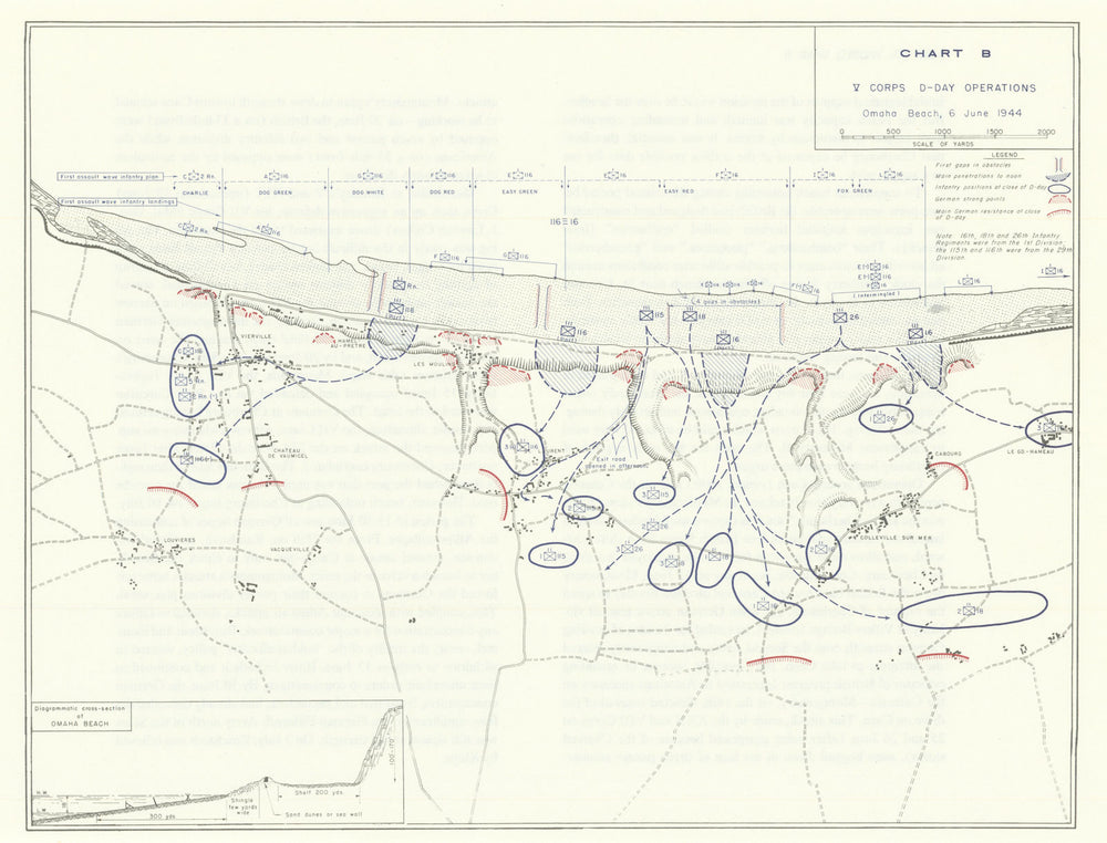 World War 2. V Corps D-Day Operations, 6 June 1944. Omaha Beach 1959 old map