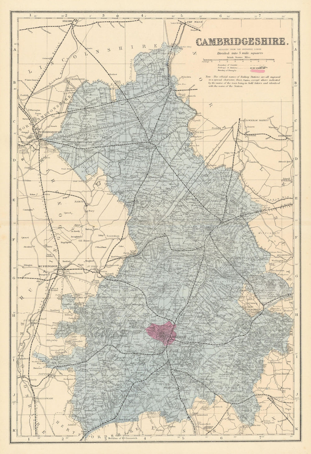 CAMBRIDGESHIRE. Antique county map by GW BACON 1884 old plan chart