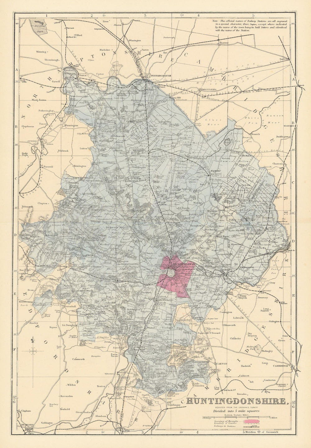 HUNTINGDONSHIRE. Antique county map by GW BACON 1884 old chart