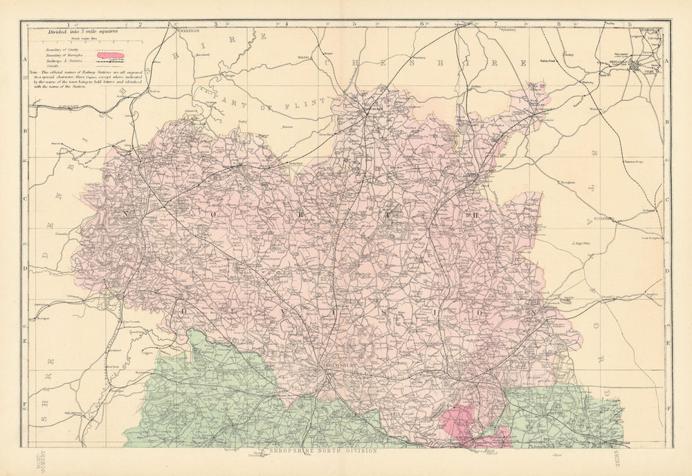 SHROPSHIRE (North). Antique county map by GW BACON 1884 old chart