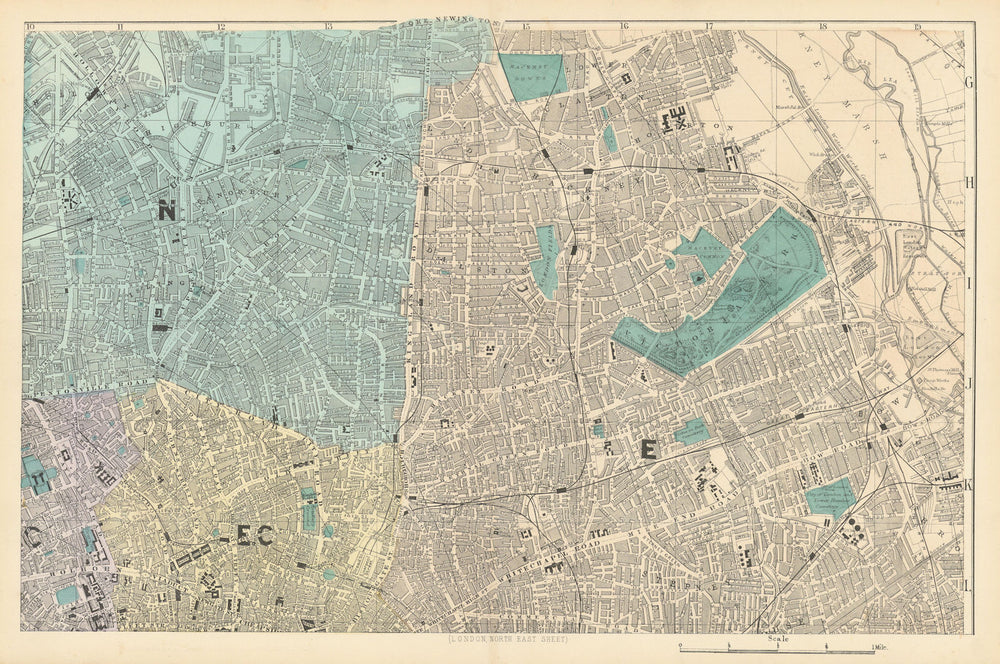 LONDON N East. City Hackney Tower Hamlets Islington. Town plan. BACON 1884 map