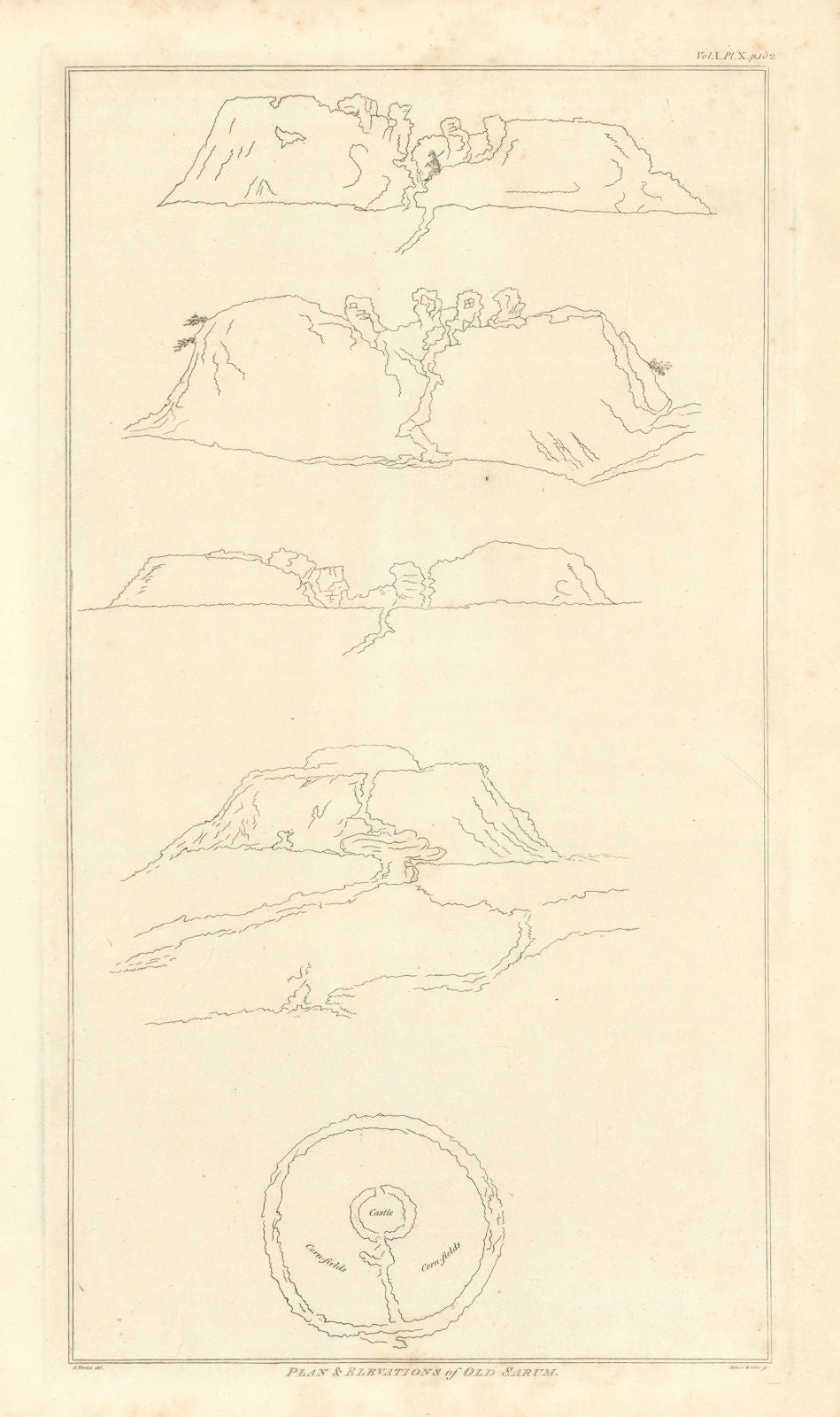 Plan & elevation of Old Sarum, Salisbury. BASIRE / VERTUE 1806 print