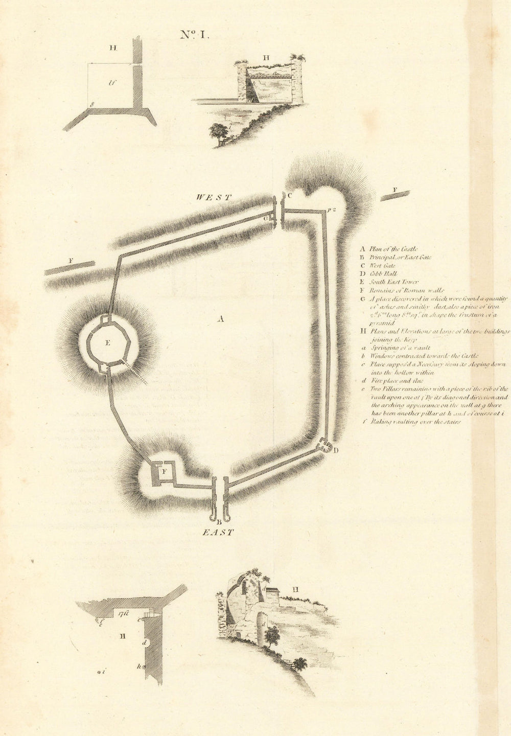 Lincoln castle No 1. Ground plan by Francis CARY 1806 old antique print