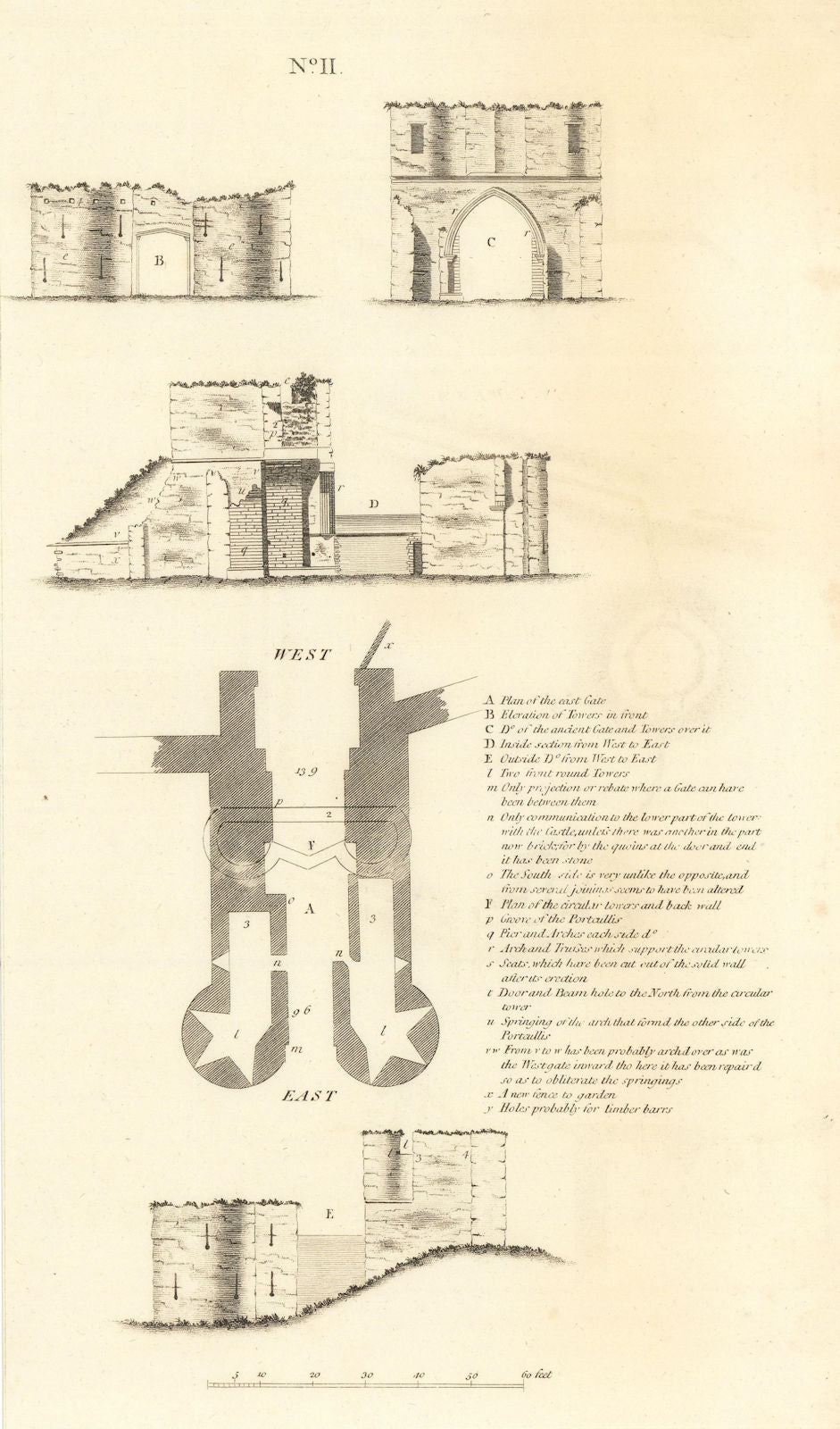 Lincoln castle No 2. Plan & elevation by Francis CARY 1806 old antique print