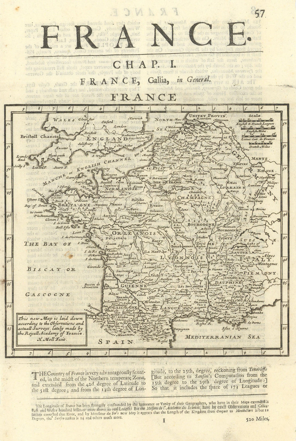 France by Herman Moll 1709 old antique vintage map plan chart
