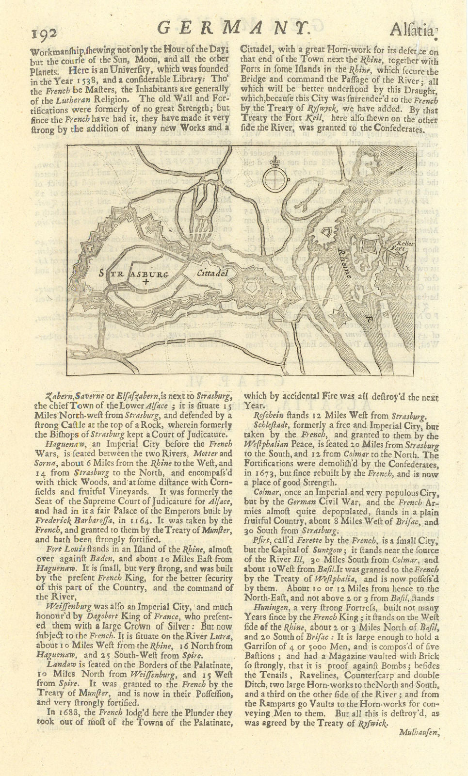 Strasburg. Citadel of Strasbourg & Kehl by Herman Moll. Bas-Rhin 1709 old map