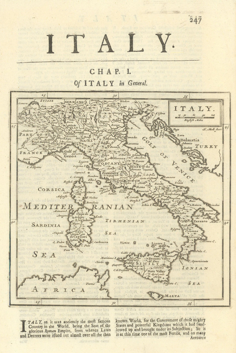 Italy by Herman Moll. Includes Haute-Savoie 1709 old antique map plan chart