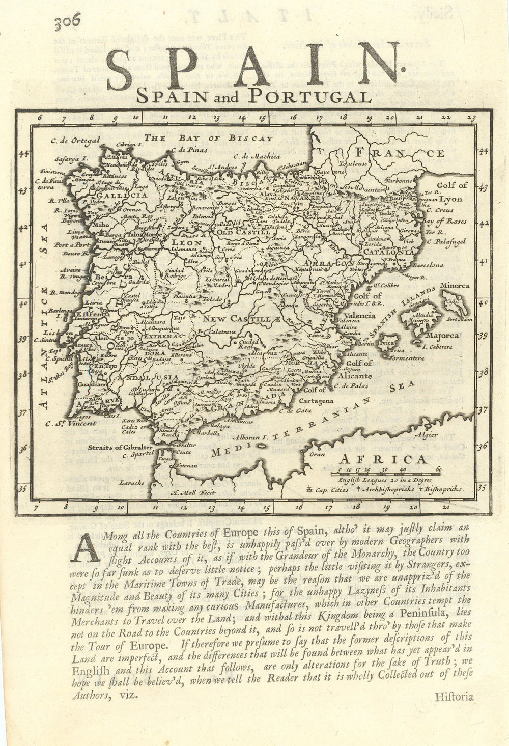 Spain and Portugal by Herman Moll. Iberia 1709 old antique map plan chart