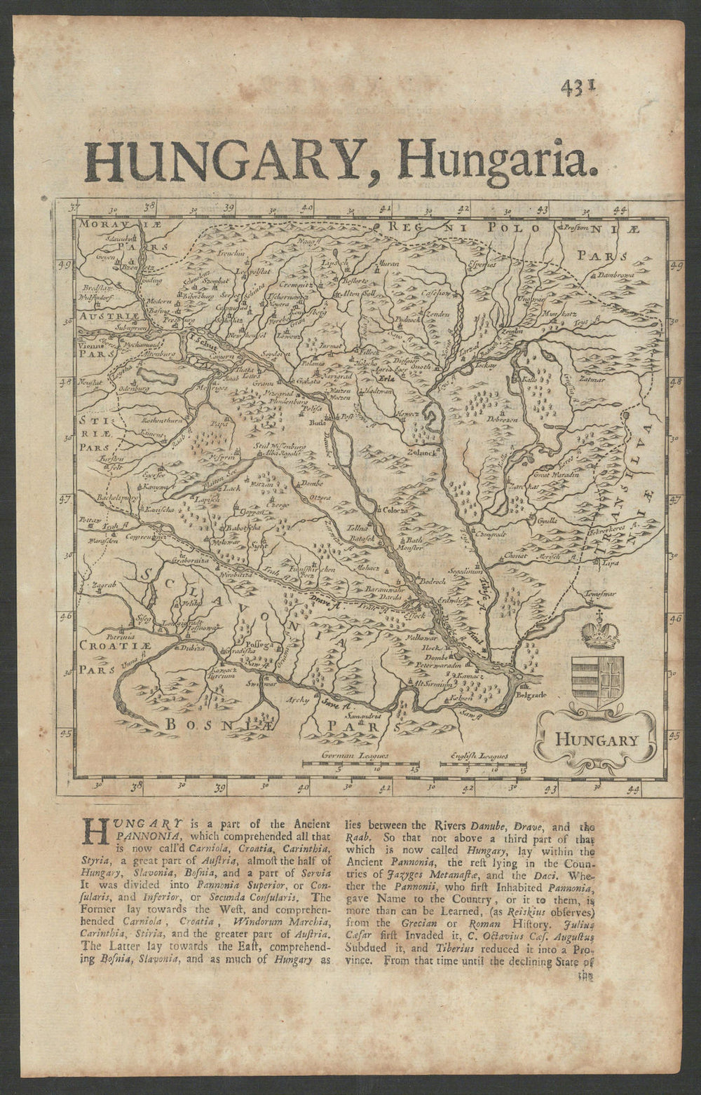 Hungary by Herman Moll. The Danube from Belgrade to Vienna 1709 old map