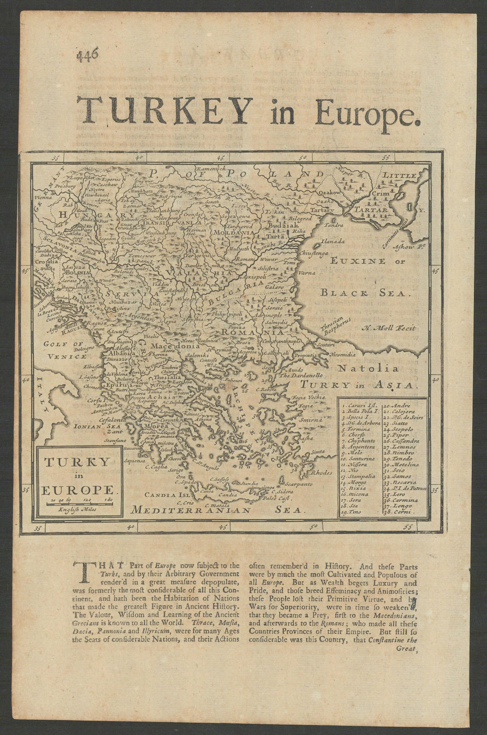 Turky [Turkey] in Europe by Herman Moll. Balkans Greece Black Sea 1709 old map