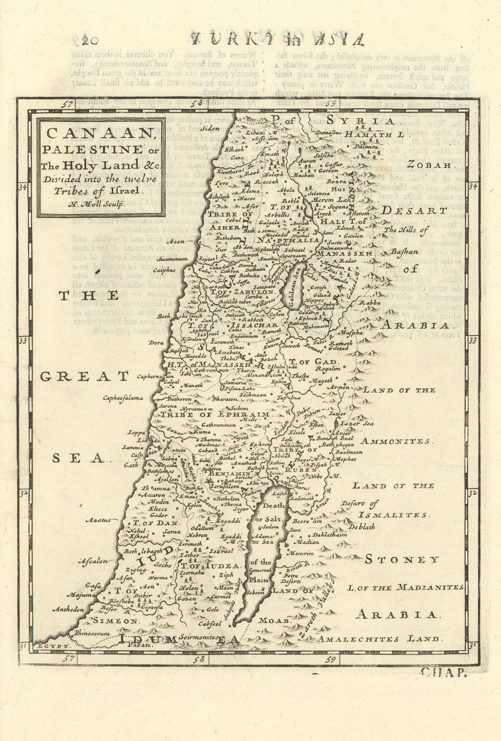 Canaan, Palestine or the Holy Land… twelve Tribes of Israel. MOLL 1709 old map