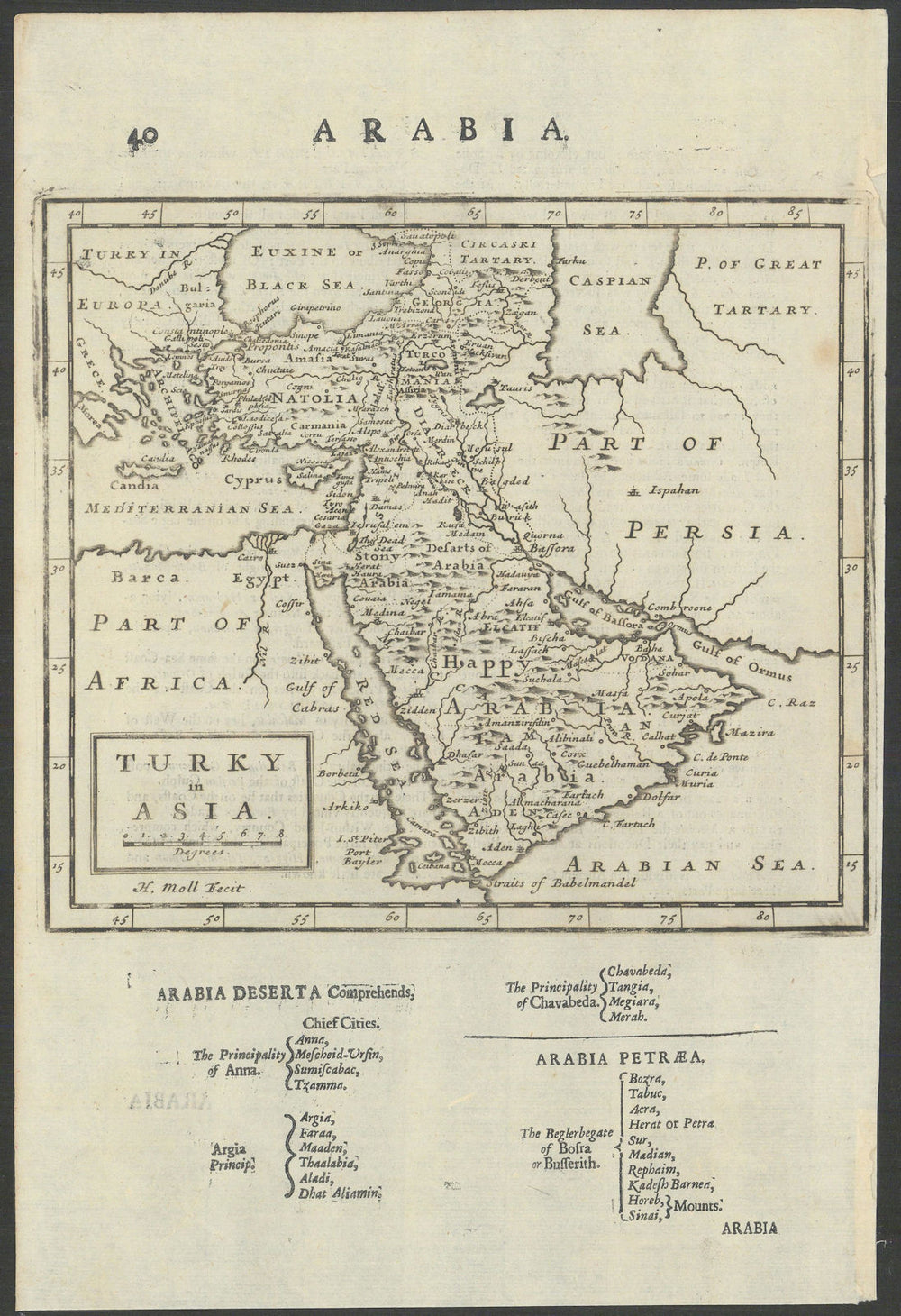 Turky [Turkey] in Asia by Herman Moll. Middle East & Arabia 1709 old map