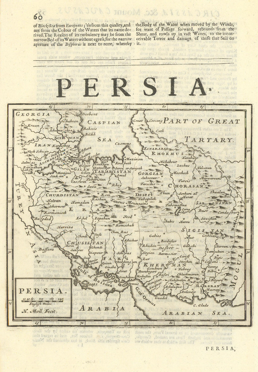 Persia by Herman Moll. Iran Azerbaijan Armenia Kurdistan 1709 old antique map