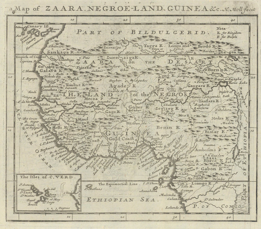 Map of Zaara. Negroe-land. Guinea &c. by Herman Moll. West Africa 1709 old