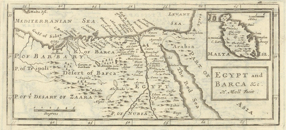 Egypt and Barca, with Malta by Herman Moll. Libya & Egypt 1709 old antique map