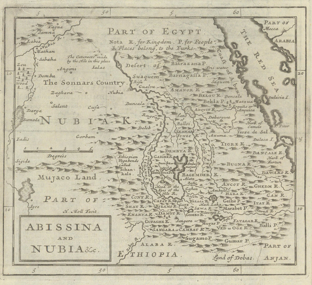 Abissinia and Nubia by Herman Moll. Ethiopia Eritrea Sudan Abyssinia 1709 map