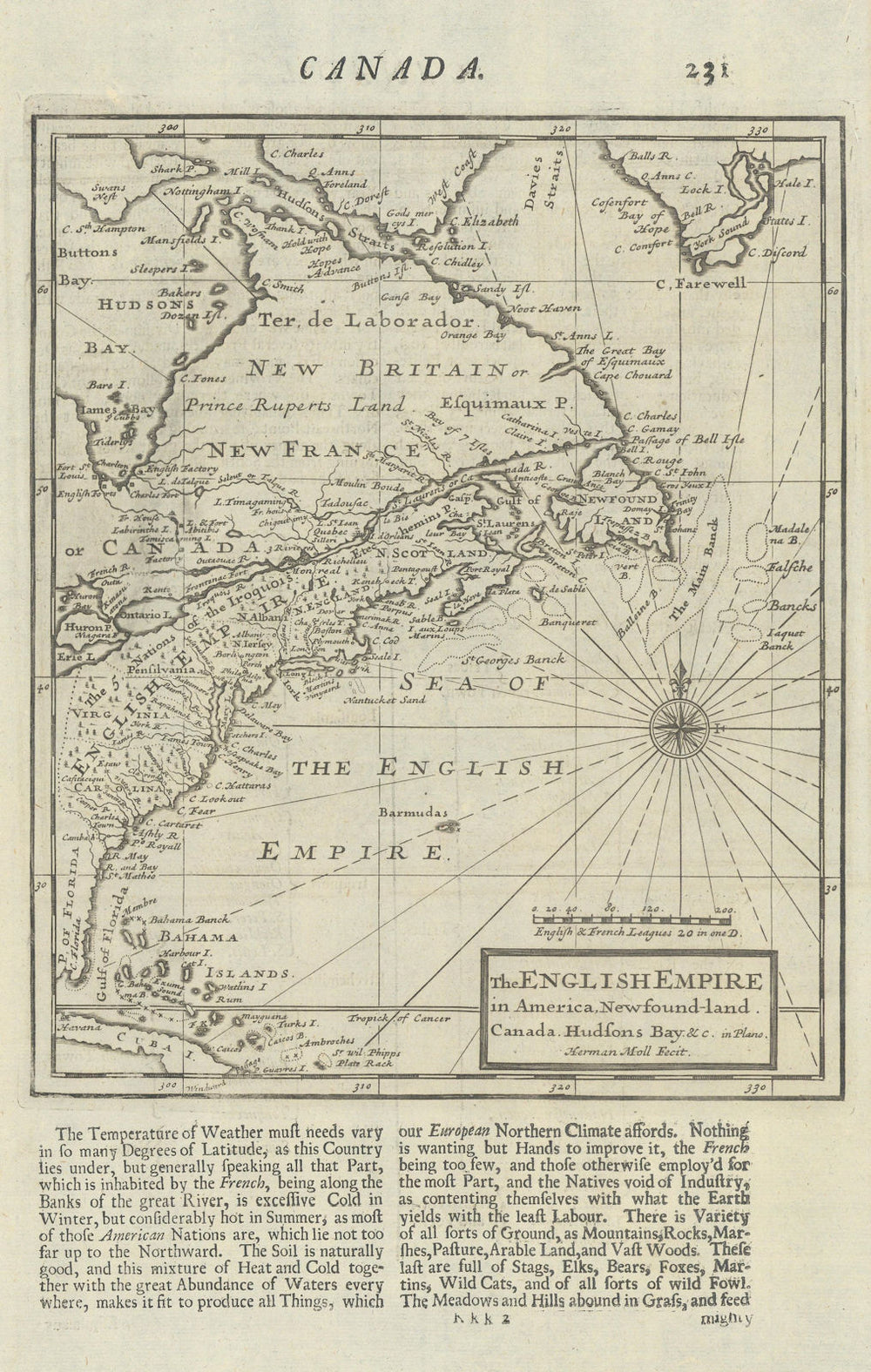 The English Empire in America, Newfound-land, Canada, Hudsons Bay. MOLL 1709 map