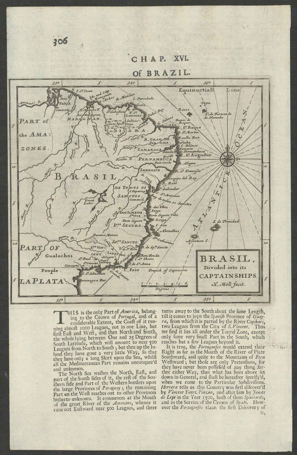 Brasil divided into its Captainships by Herman Moll. Brazil 1709 old map