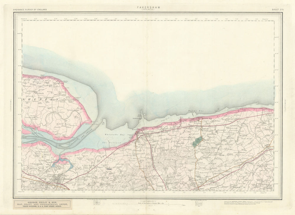 Ordnance Survey Sheet 273 Faversham. Whitstable Herne Bay Swale Kent 1878 map