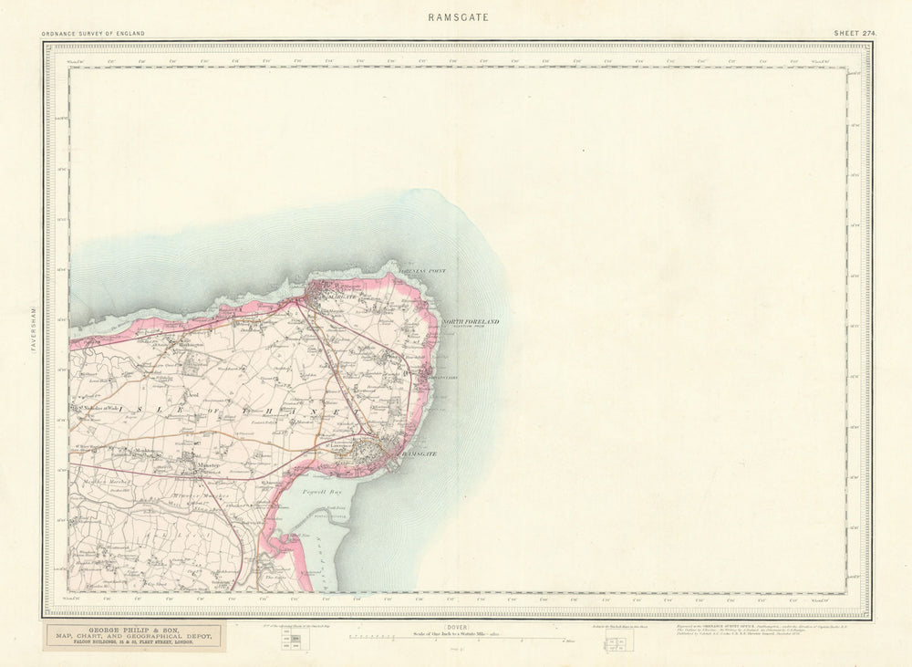Ordnance Survey Sheet 274 Ramsgate. Isle of Thanet Margate Broadstairs 1878 map
