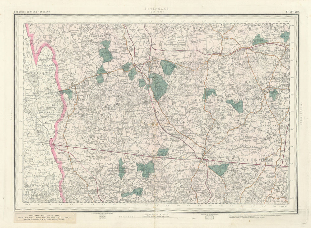 Ordnance Survey Sheet 287 Sevenoaks. Tonbridge Malling Kent Downs 1880 old map