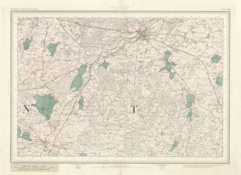 Ordnance Survey Sheet 289 Canterbury. Ashford Wye Kent Downs 1878 old map