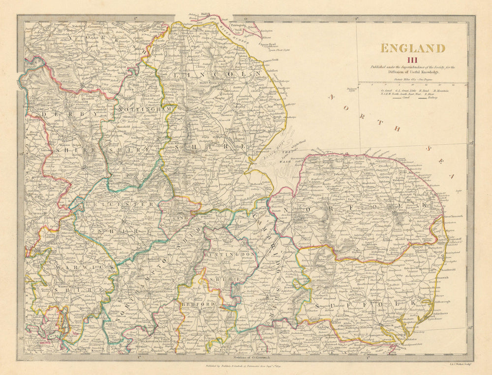 ENGLAND EAST. Norfolk Suffolk Cambs Lincs Leics Derbys Notts. SDUK 1844 map