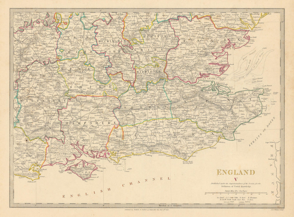 ENGLAND SE. Middx Kent Sussex Surrey Hants Berks Essex Herts. SDUK 1844 map