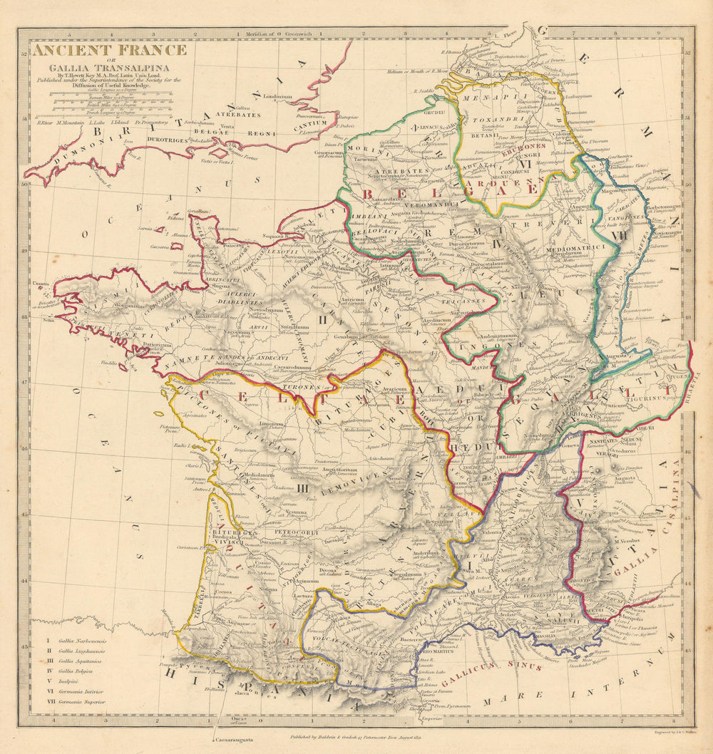 ANCIENT ROMAN FRANCE GAUL. Gallia Transalpina. Roman names roads.SDUK 1844 map
