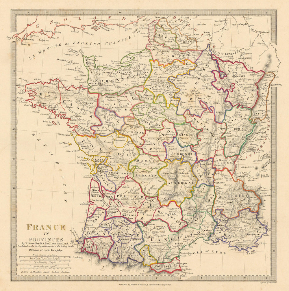 FRANCE IN PROVINCES. Shows provinces <1790. Original hand colour.SDUK 1844 map