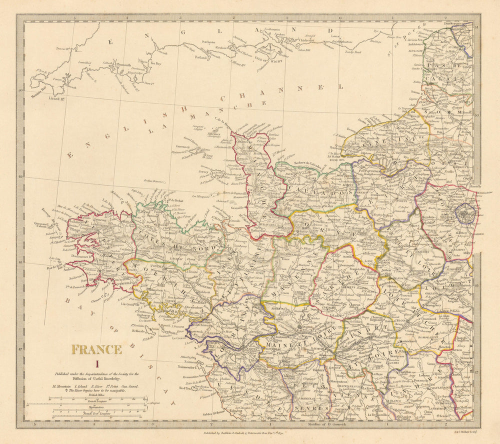 FRANCE NORTH WEST. Bretagne Normandie Loire Centre.Hand coloured.SDUK 1844 map