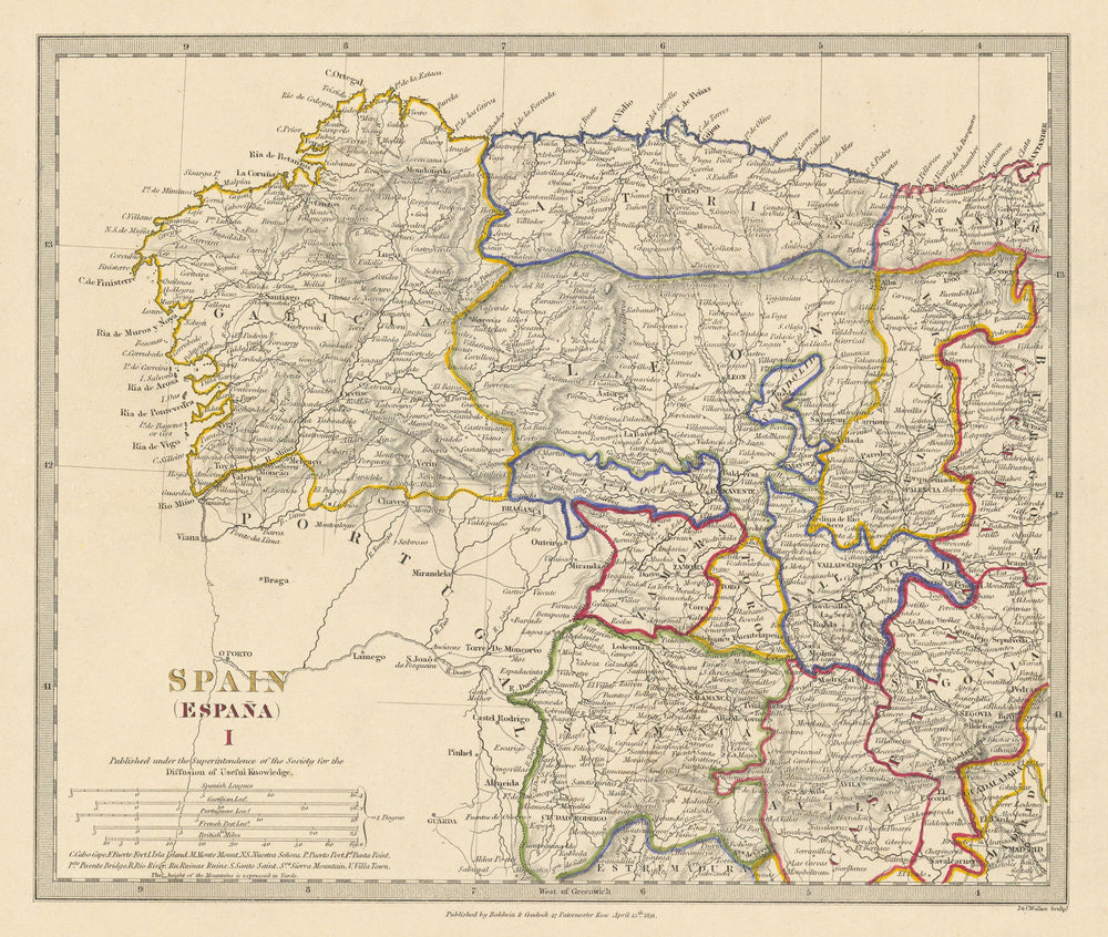 SPAIN NW. Galicia Leon Asturias Zamora Palencia Toro Salamanca. SDUK 1844 map